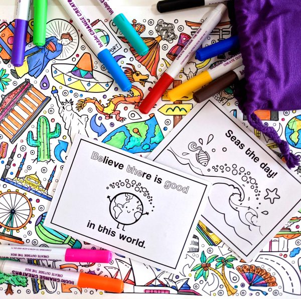 Travel-themed Reusable Silicone Colouring Mat with eco-friendly packaging