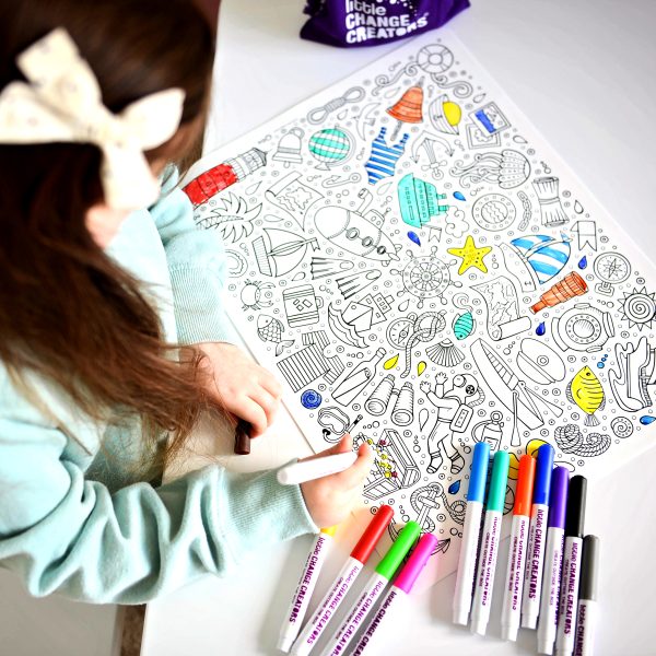 Double-sided Reusable Silicone Colouring Mat featuring Seaside design